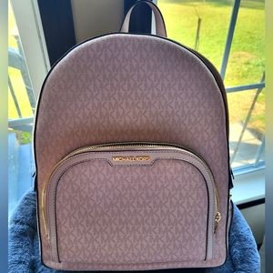 Michael Kors Jaycee Large Backpack Dark Blush Pink PVC Zip Pocket Bookbag